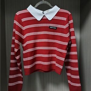 Miu Miu Red and White Striped Long Sleeve Top